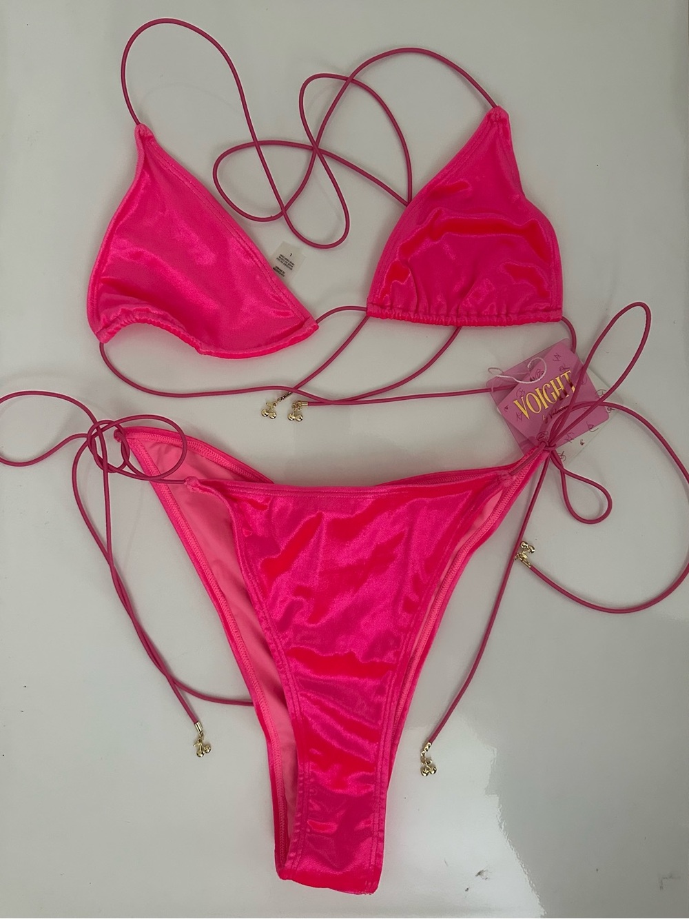 Voight Hot Pink Shiny String Bikini Set - Women Swim Bikinis